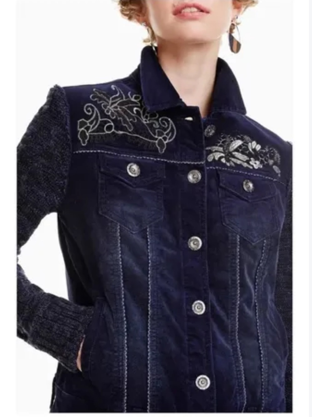 Desigual Navy Corduroy Jacket Knit Sleeves Embroidered Jean Jacket 8 Boho Artsy